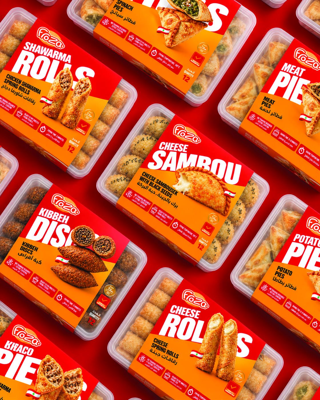 FROZA packs of shawarma rolls, cheese sambousek, kibbeh discs and meat pies laid out on red