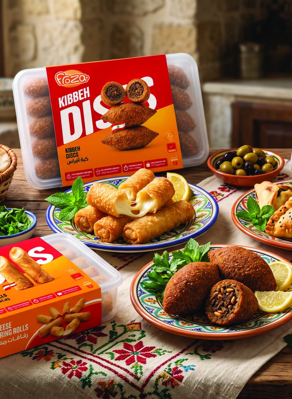 Kibbeh, cheese rolls and fatayer served on a Lebanese table next to FROZA packs