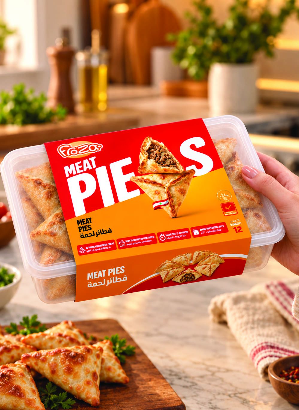 Hand holding a pack of FROZA meat pies in a home kitchen