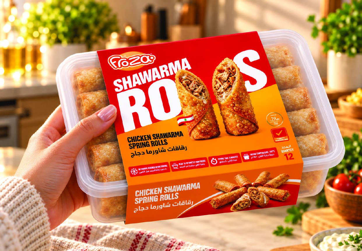 Hand holding a pack of FROZA chicken shawarma rolls